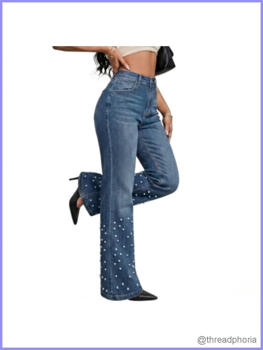 Women's High Waisted Flare Stretchy Wide Leg Pearl Jeans